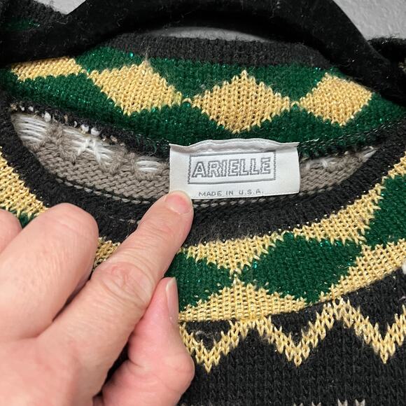 Vintage XL women's 1980s 1990s knit mock neck abstract tunic sweater green black - Picture 4 of 4